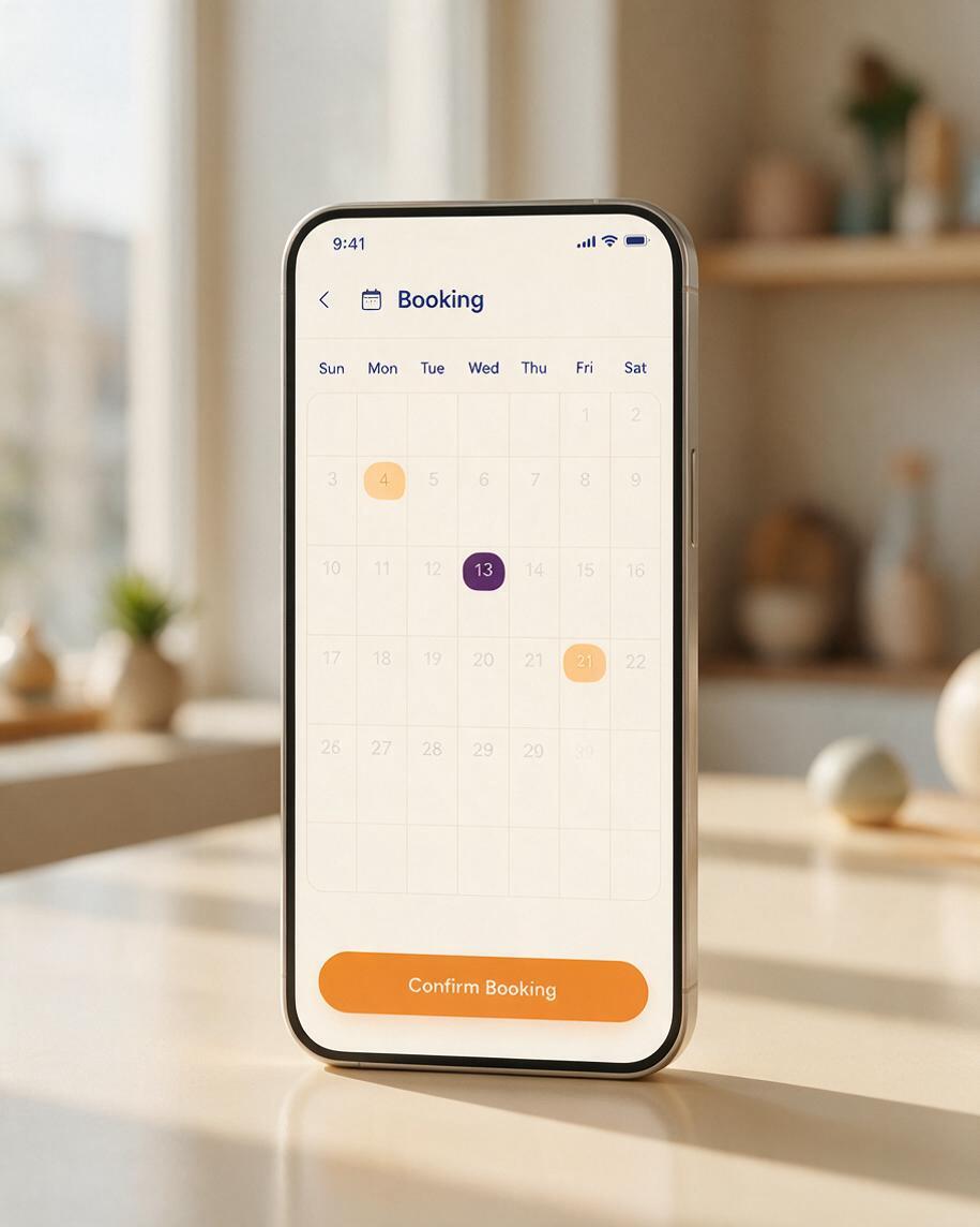 A booking app on a phone showing a calendar and a confirm button.
