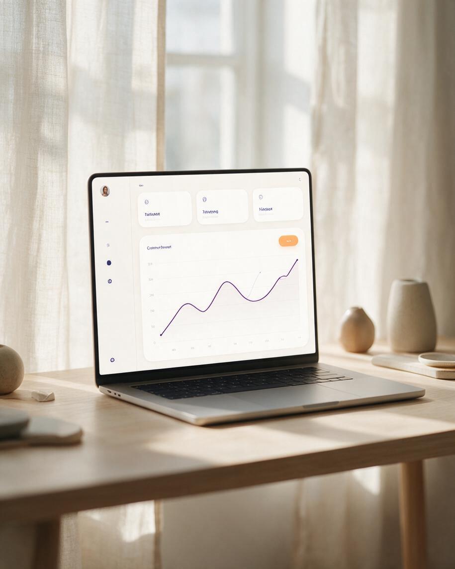 A client portal dashboard on a laptop with summary cards and a chart.